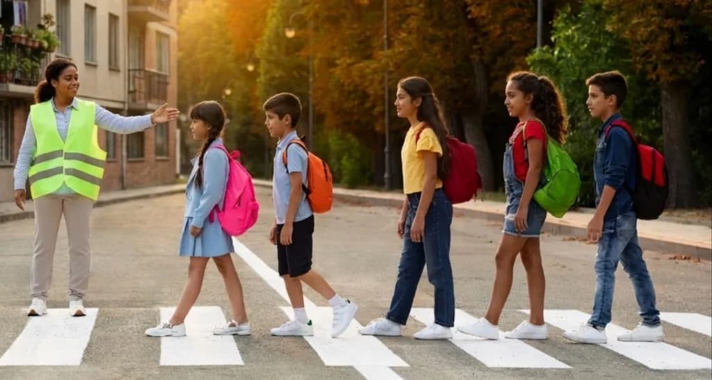 Adulta con chaleco reflectante guía a niños con mochilas por un cruce peatonal